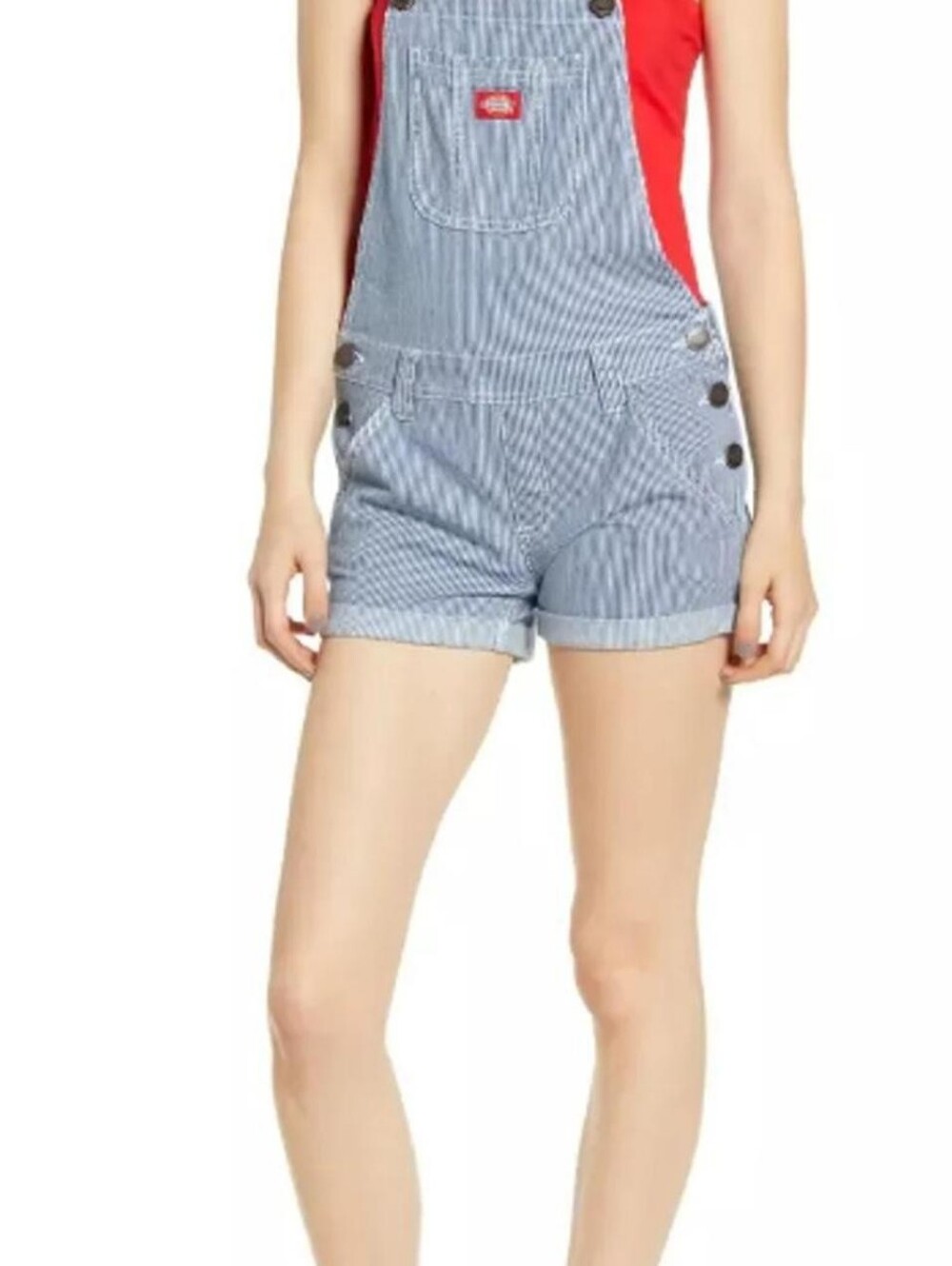 Dickies Blue and White Striped Overalls with Red Logo